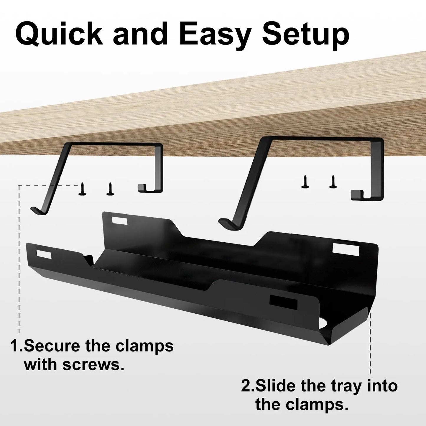Quick and easy setup: Black under-desk cable tray installation on a wooden desk using metal clamps for organized cable management.