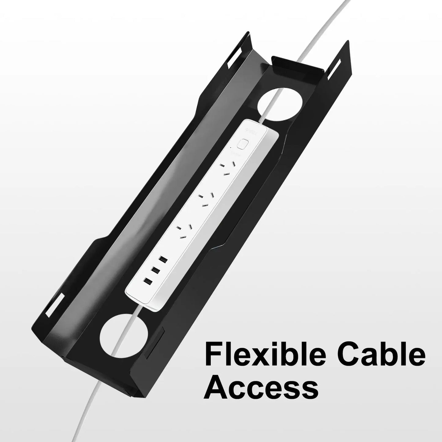 Black cable tray under desk, holding power strip with multiple outlets and switch, with flexible cable access. Efficient cable management for a tidy workspace.