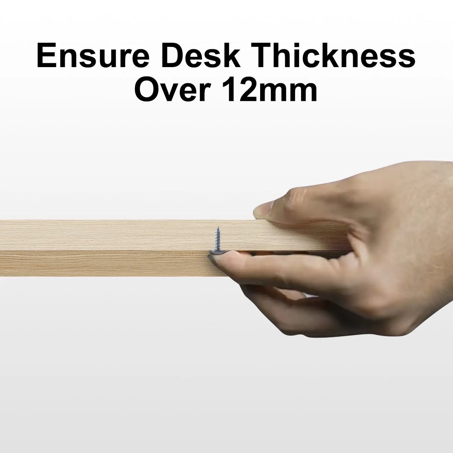 Measuring desk thickness over 12mm for secure installation of cable tray, highlighting importance of adequate desk thickness for stability.