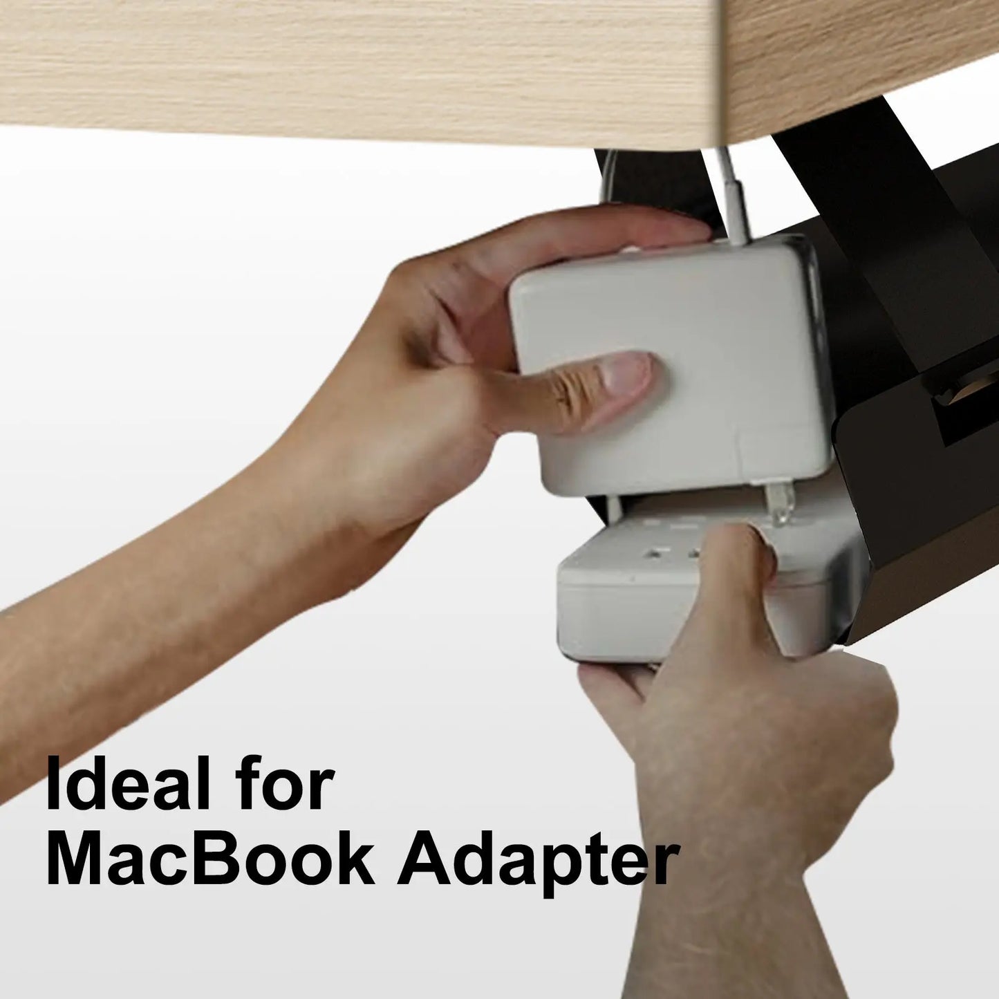 Under-desk cable management tray holding cables and plugs, ensuring a clutter-free workspace. "Clutter-Free Workspace Organize Cables Invisibly" text emphasizes hidden cable organization.