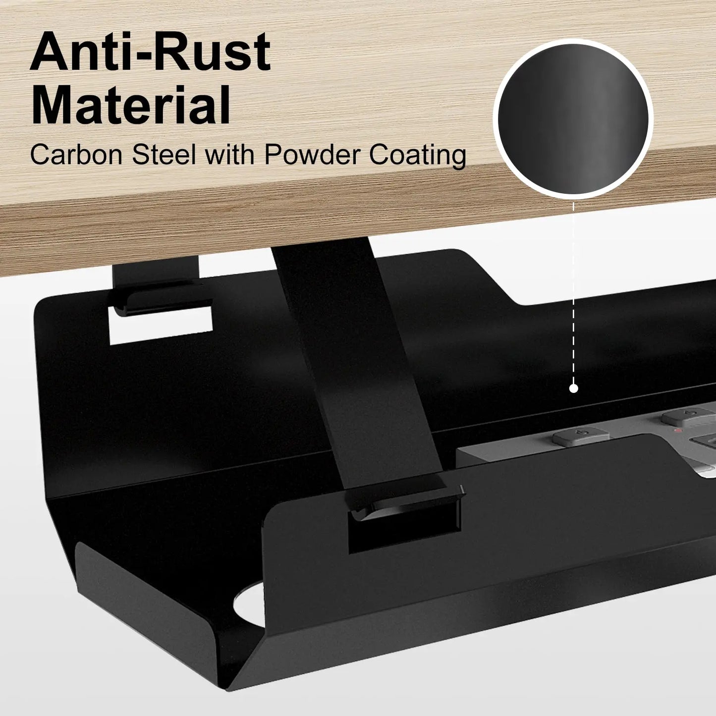 Anti-rust desk stand made of carbon steel with powder coating for durability, as shown in close-up detail.