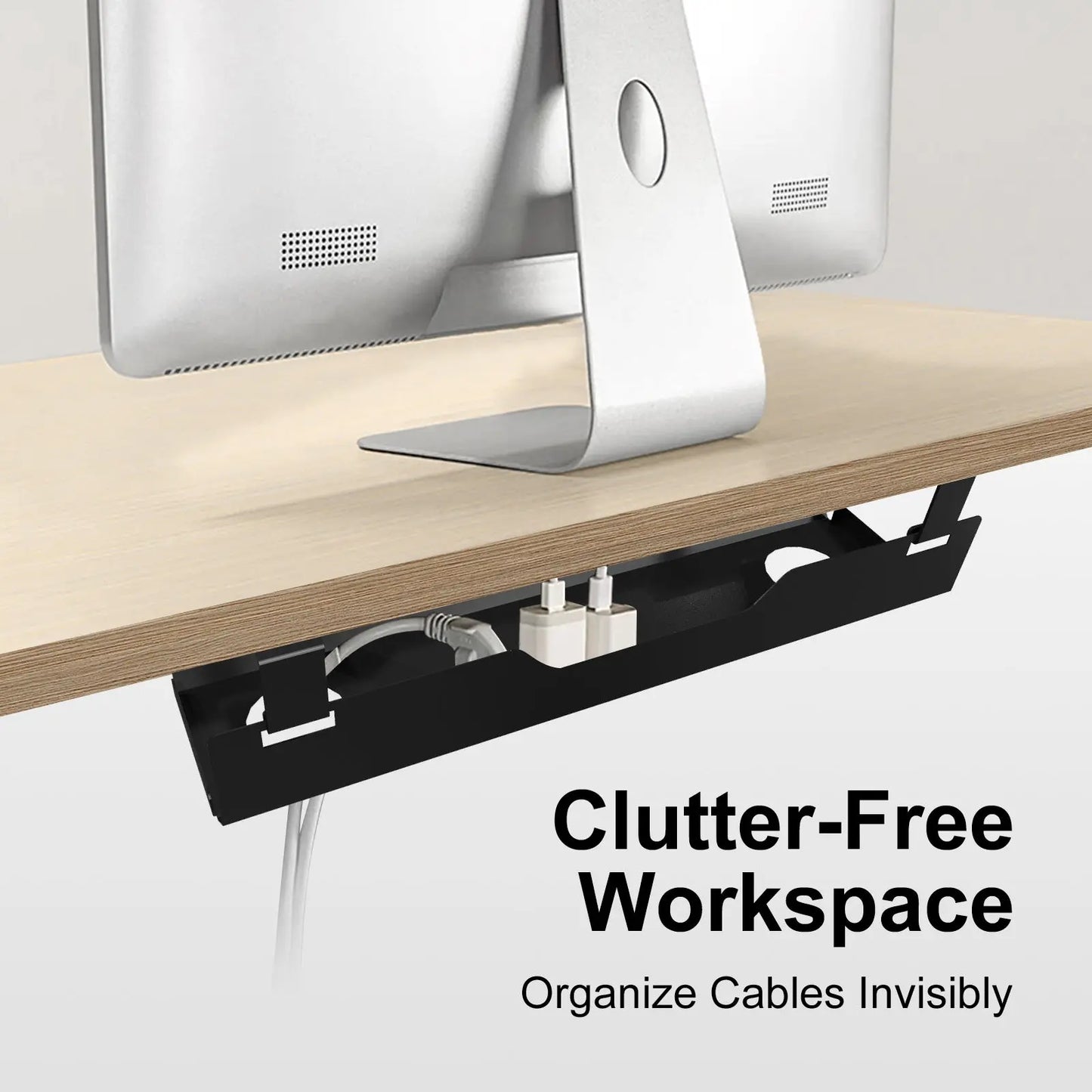 Under-desk cable management tray securely holding a MacBook adapter, ensuring a clutter-free workspace. "Ideal for MacBook Adapter" text highlights suitability.