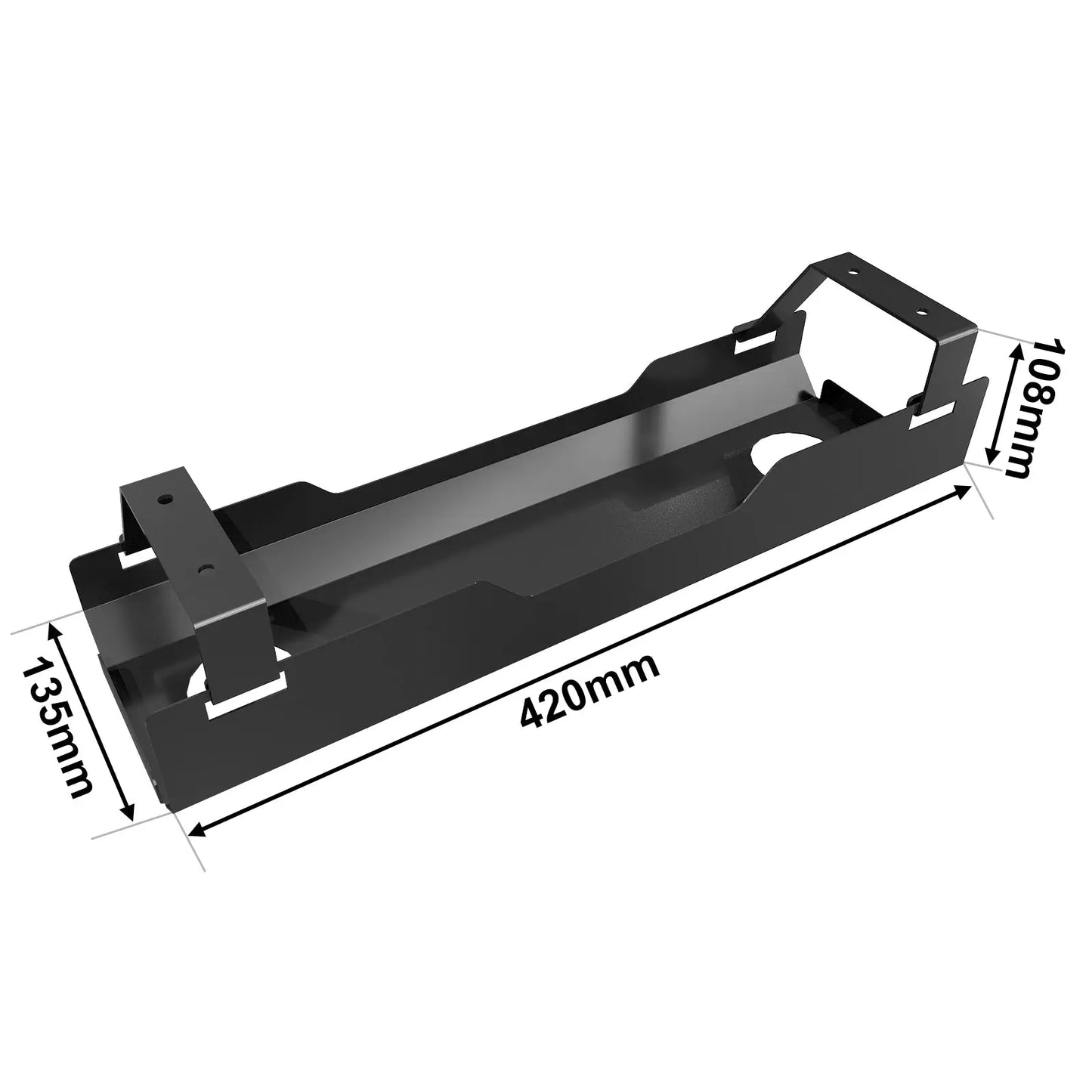 Black metal under-desk cable tray with dimensions: 420mm length, 135mm width, and 108mm height, enhancing cable management and workspace organization.