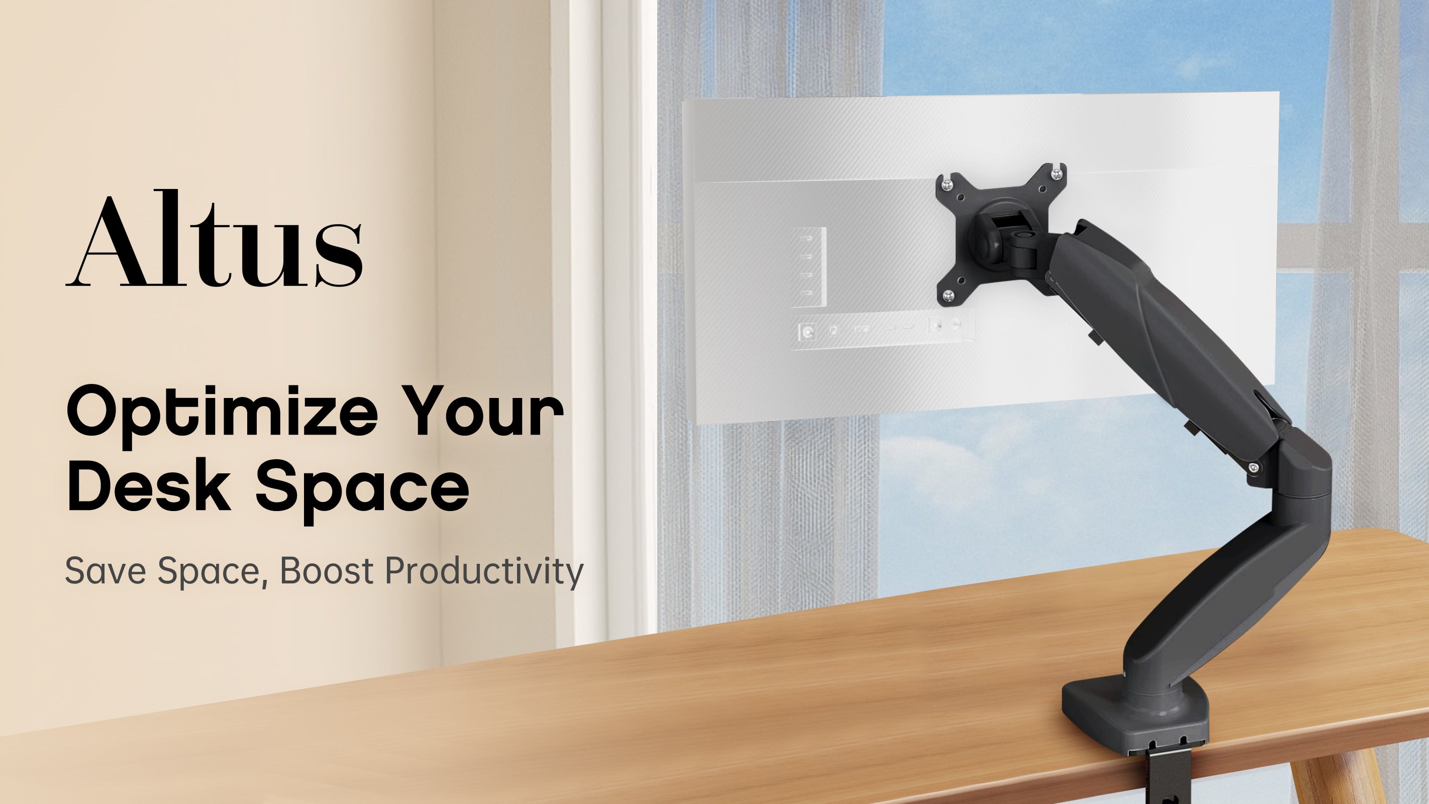 The picture shows a white adjustable monitor stand with a clamp base. The stand is connected to a flat surface (which might be a desk) and it supports the monitor.