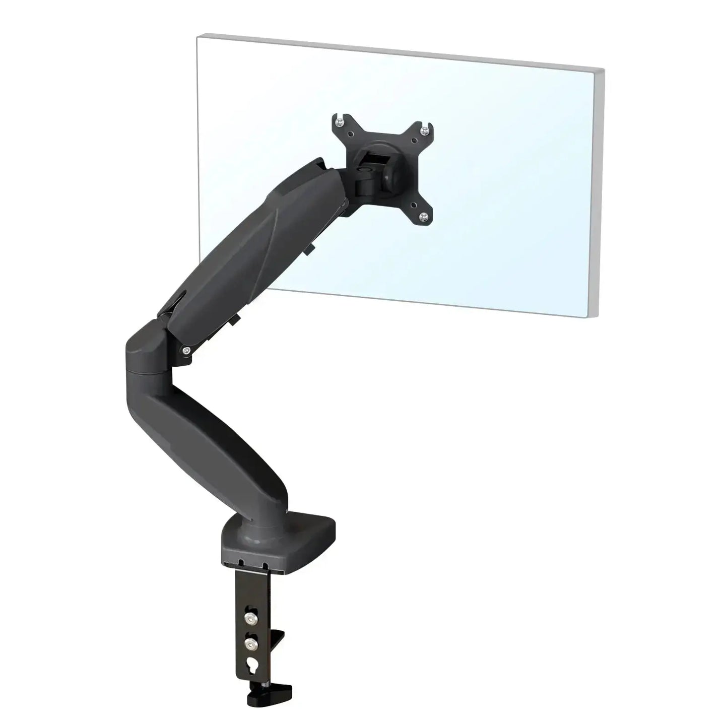 The image shows a white adjustable monitor arm with a clamp mount. The arm is attached to a flat surface, likely a desk, and supports a monitor. The arm has multiple joints, allowing for flexible positioning of the monitor. The monitor is attached to the arm using a VESA mount, which is a standard mounting interface for monitors and TVs. This setup is interesting and relevant for improving ergonomics and saving desk space in a workspace.