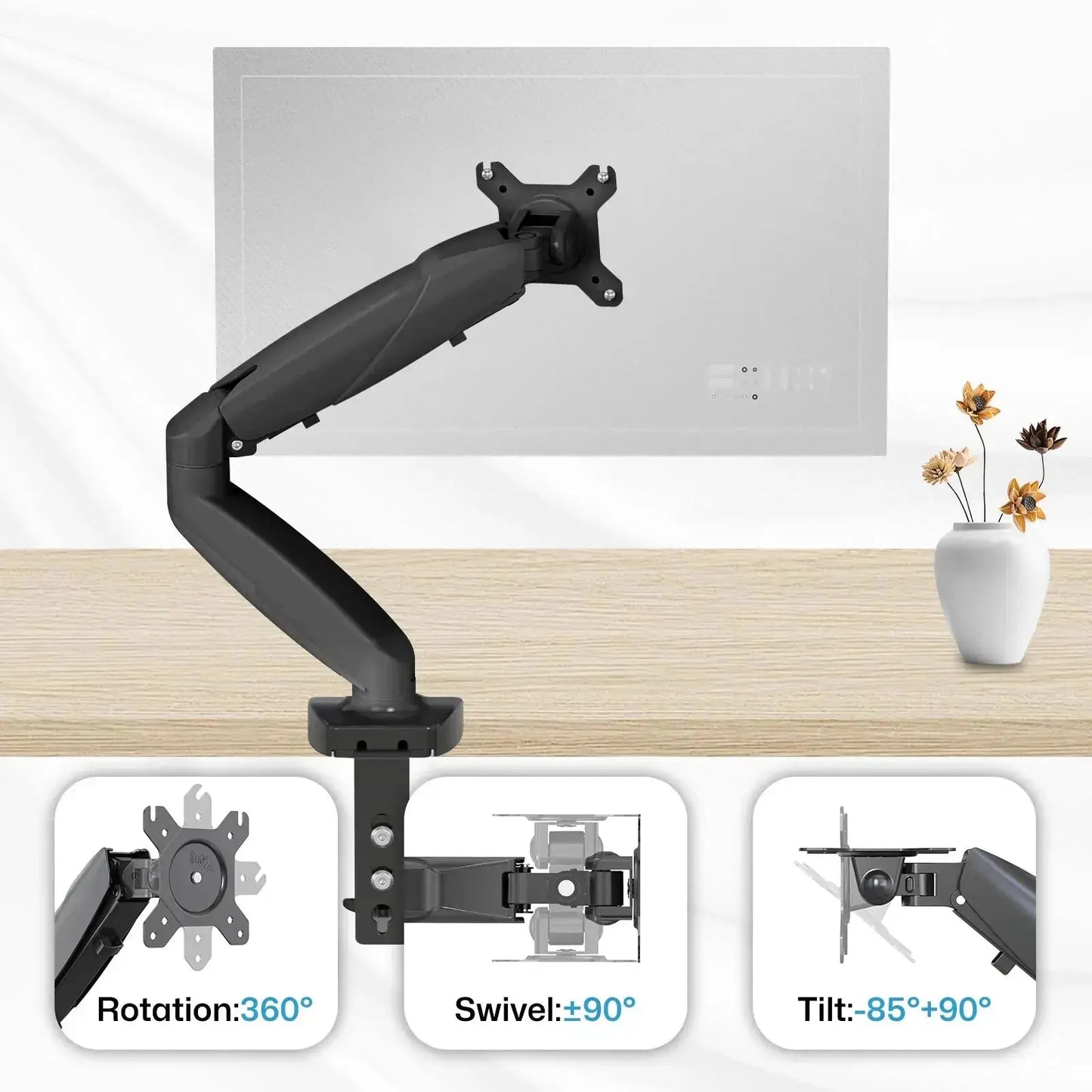 The image shows a gas spring monitor arm mounted on a desk, supporting a computer monitor. The setup includes measurements indicating the height adjustment range (145-395mm or 5.7-15.6 inches) and the maximum reach of the arm (520mm or 20.5 inches). Additionally, the image showcases the monitor arm's 360-degree rotation, ±90-degree swivel, and -85 to +90-degree tilt capabilities, along with a built-in cable management system for an organized workspace