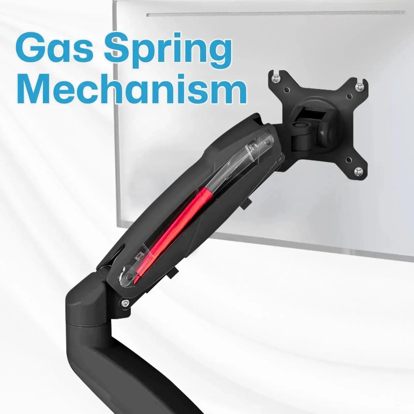 The gas spring mechanism is highlighted in red within the arm, indicating its location and function.\n\nThis image is interesting and relevant because it illustrates the use of a gas spring mechanism in monitor arms, which provides smooth and adjustable movement for ergonomic positioning of screens. This type of mechanism is commonly used in office setups to enhance comfort and productivity.