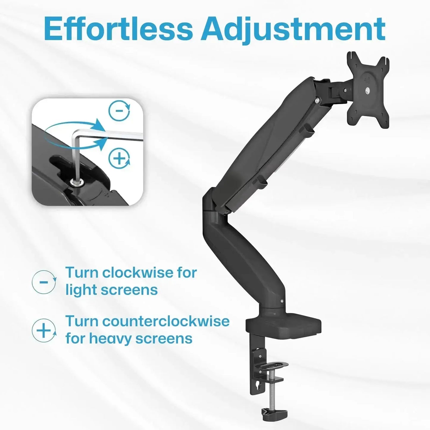 The image shows an adjustable monitor arm with instructions for adjusting the tension. The main text at the top reads 'Effortless Adjustment.' There is a smaller inset image showing an Allen wrench being used to adjust a screw on the arm. The instructions indicate that turning the screw clockwise is for light screens, and turning it counterclockwise is for heavy screens. The monitor arm is clamped to the edge of a desk.