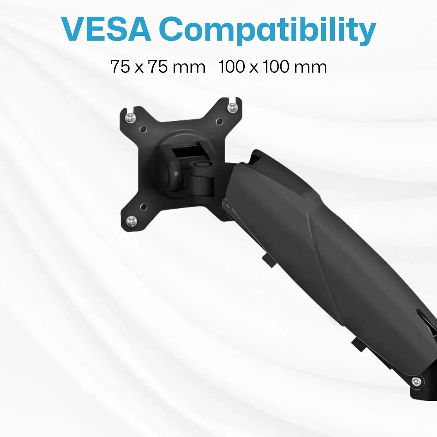 The image shows a monitor arm mount with VESA compatibility. The mount is designed to fit VESA patterns of 75 x 75 mm and 100 x 100 mm. The text "VESA Compatibility" is prominently displayed at the top, followed by the supported VESA sizes "75 x 75 mm" and "100 x 100 mm". The mount appears to be adjustable and is depicted against a white background.