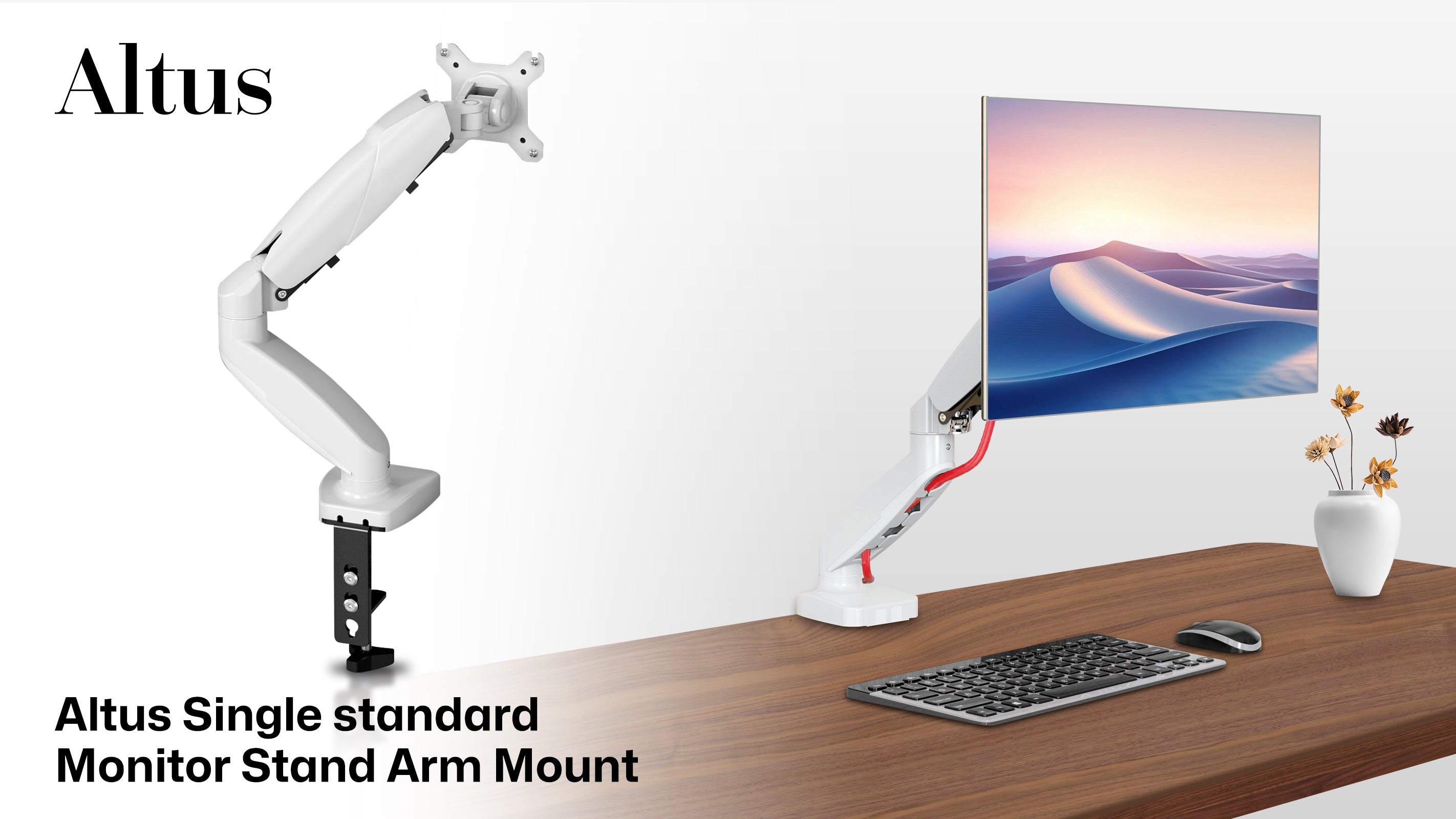 The image shows a white adjustable monitor arm with a clamp mount. The arm is attached to a flat surface, likely a desk, and supports a monitor. The arm has multiple joints, allowing for flexible positioning of the monitor. The monitor is attached to the arm using a VESA mount, which is a standard mounting interface for monitors and TVs. This setup is interesting and relevant for improving ergonomics and saving desk space in a workspace.