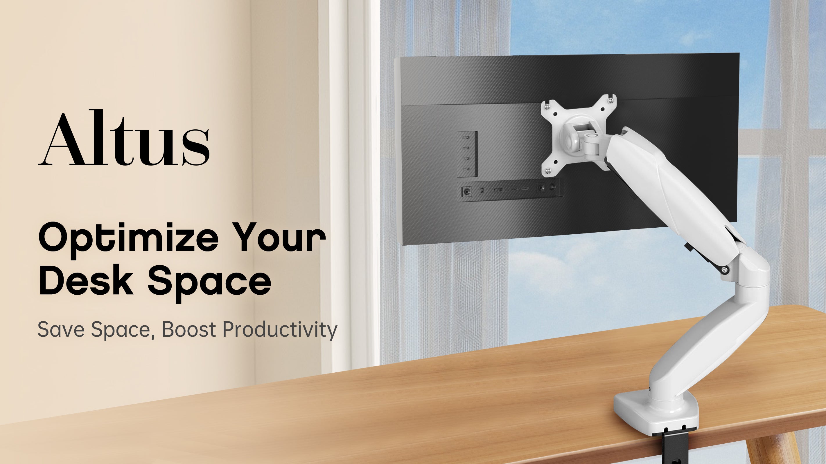 The picture shows a white adjustable monitor stand with a clamp base. The stand is connected to a flat surface (which might be a desk) and it supports the monitor.