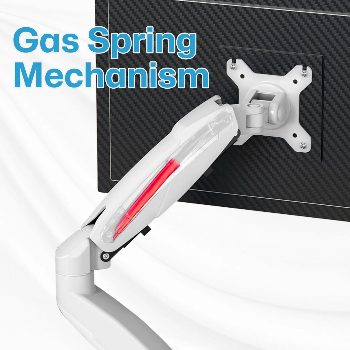 The text "Gas Spring Mechanism" is prominently displayed in the upper left corner of the image. The gas spring mechanism is highlighted in red within the arm, indicating its location and function.This image is interesting and relevant because it illustrates the use of a gas spring mechanism in monitor arms, which provides smooth and adjustable movement for ergonomic positioning of screens. This type of mechanism is commonly used in office setups to enhance comfort and productivity.