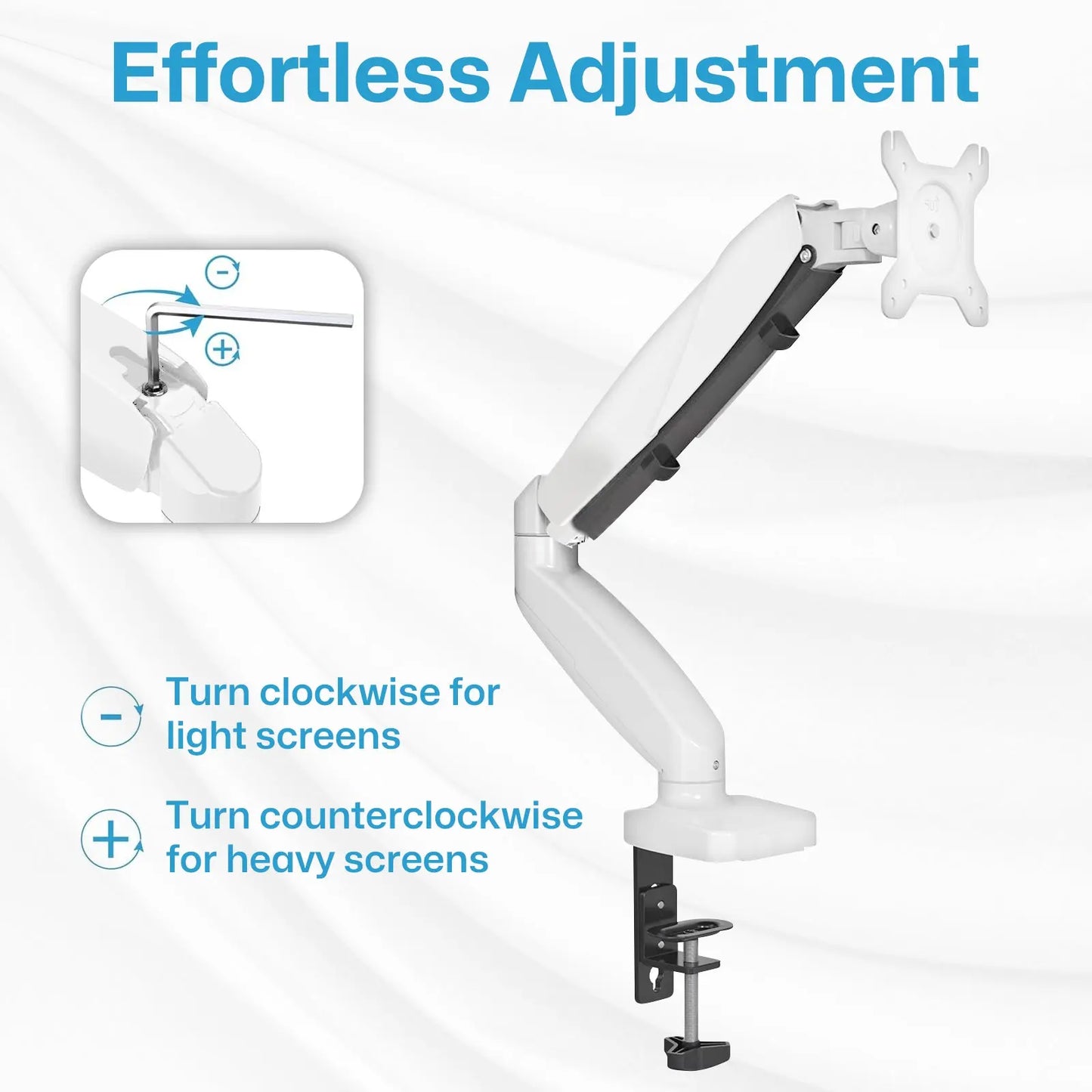 The image shows an adjustable monitor arm with instructions for adjusting the tension. The main text at the top reads 'Effortless Adjustment.' There is a smaller inset image showing an Allen wrench being used to adjust a screw on the arm. The instructions indicate that turning the screw clockwise is for light screens, and turning it counterclockwise is for heavy screens. The monitor arm is clamped to the edge of a desk.