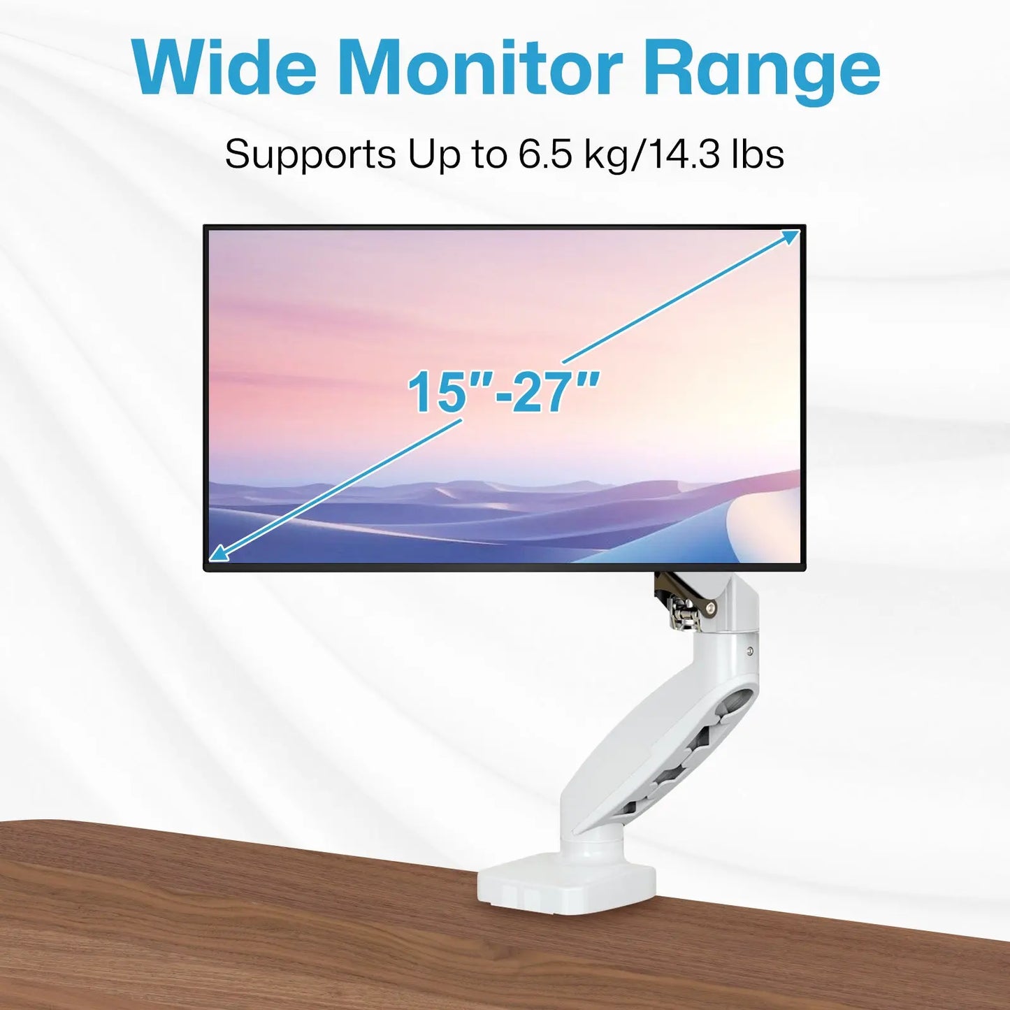 The image shows a monitor mounted on an adjustable arm. The text at the top of the image reads "Wide Monitor Range" in large blue letters, followed by "Supports Up to 6.5kg/17.6 lbs" in smaller black letters. The monitor screen displays a diagonal measurement range of "15''-27''" in blue text with arrows indicating the measurement across the screen. The background is white, and the monitor arm is attached to a wooden surface.