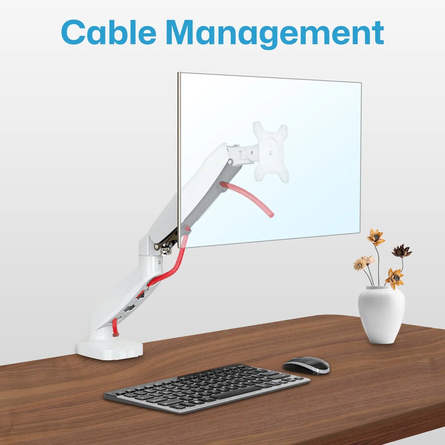 The image shows a computer monitor mounted on an adjustable arm attached to a desk. The arm has built-in cable management, as indicated by the red cables neatly routed through the arm. The desk also has a keyboard, a mouse, and a vase with dried flowers. The text "Cable Management" is prominently displayed at the top of the image. This image is relevant as it demonstrates an organized and clutter-free workspace, highlighting the benefits of using a monitor arm with cable management features.