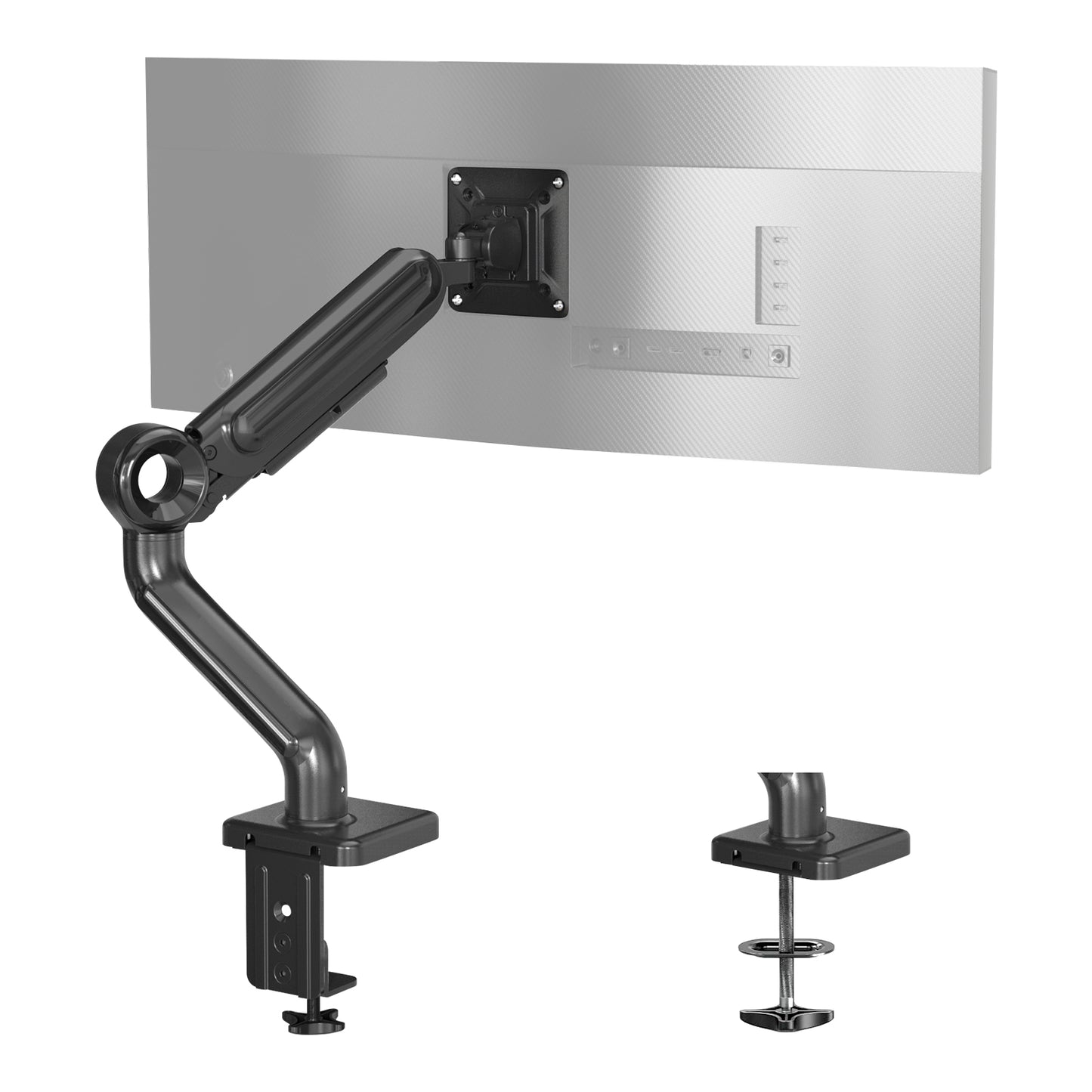 Monitor Arm Mount: Adjustable metallic monitor arm with VESA mount, clamped to desk edge, improving ergonomics and saving space.