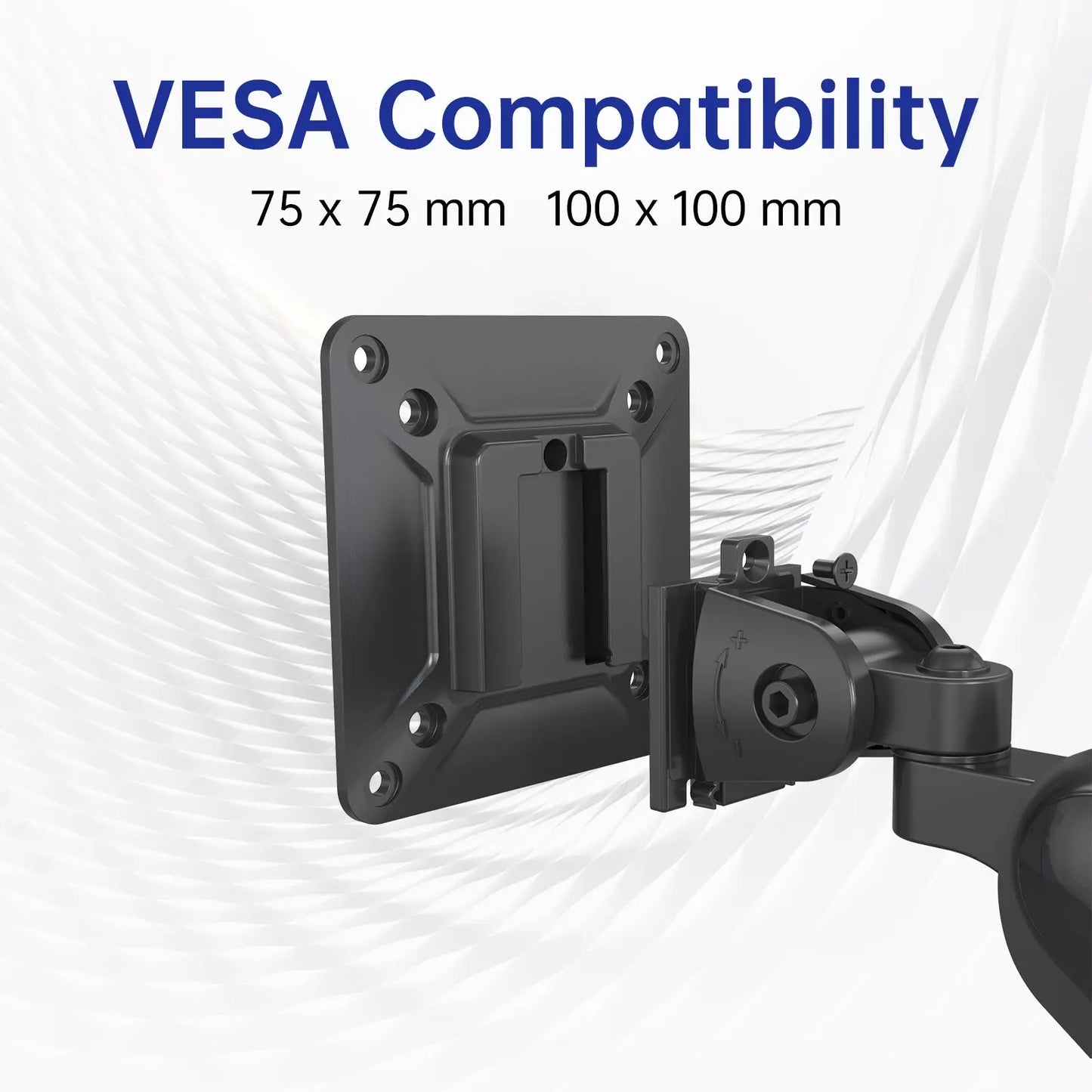 VESA Mount Bracket: VESA mount bracket (75 x 75 mm and 100 x 100 mm) for monitors/TVs, featuring multiple screw holes.