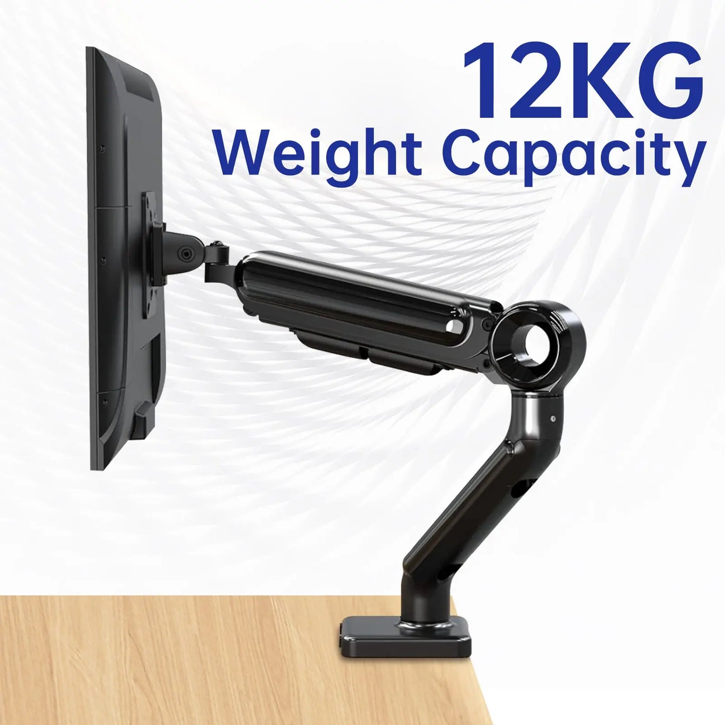 12KG Weight Capacity: Adjustable monitor arm supporting up to 12 kg, mounted on a wooden desk.