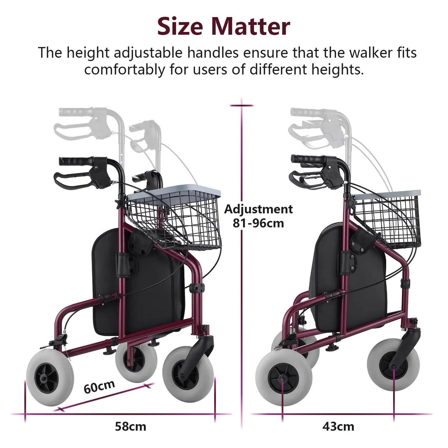 A diagram showing the dimensions of the rollator walker with height adjustable handles.