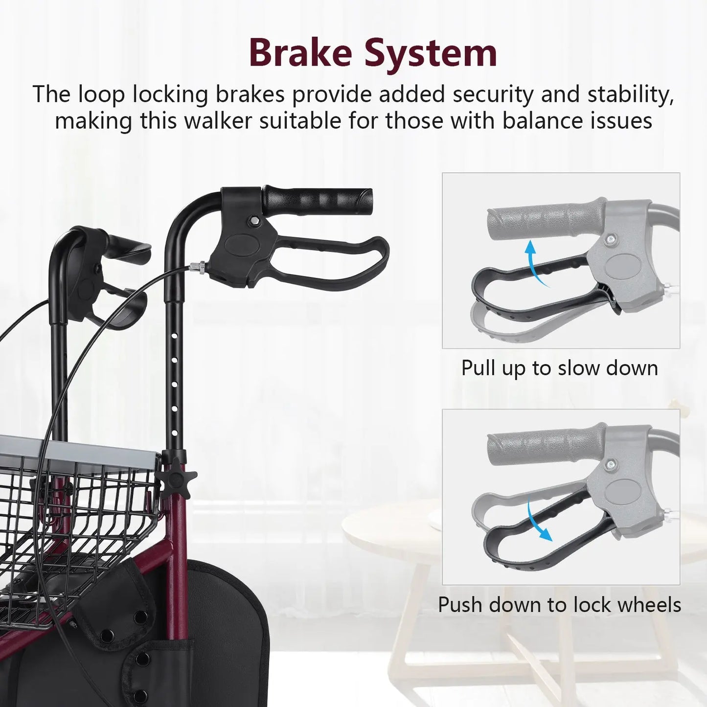The loop locking brake system of the rollator walker with illustrations of how to use the brakes.