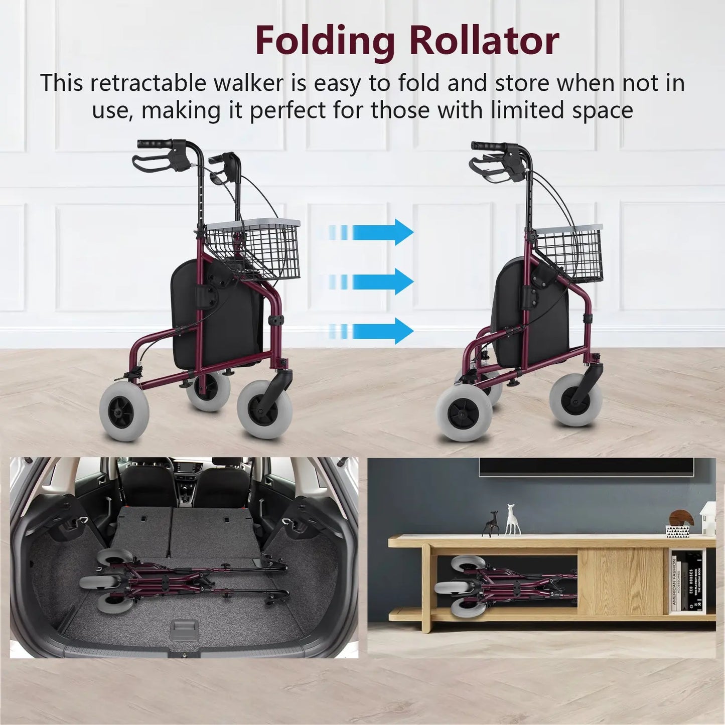 The rollator walker folded and stored in a car trunk and under a shelf.