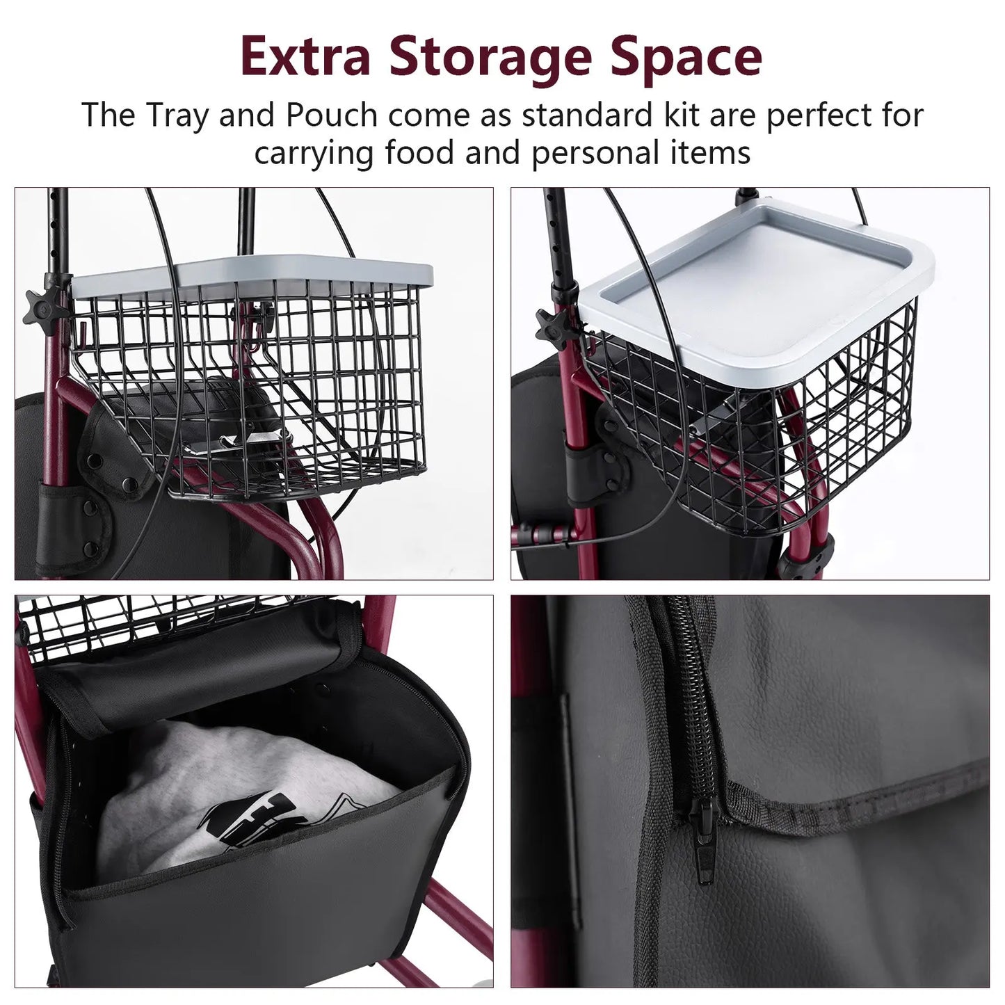 A rollator walker with a close-up view of its storage features, including a basket with a tray and a zippered pouch.