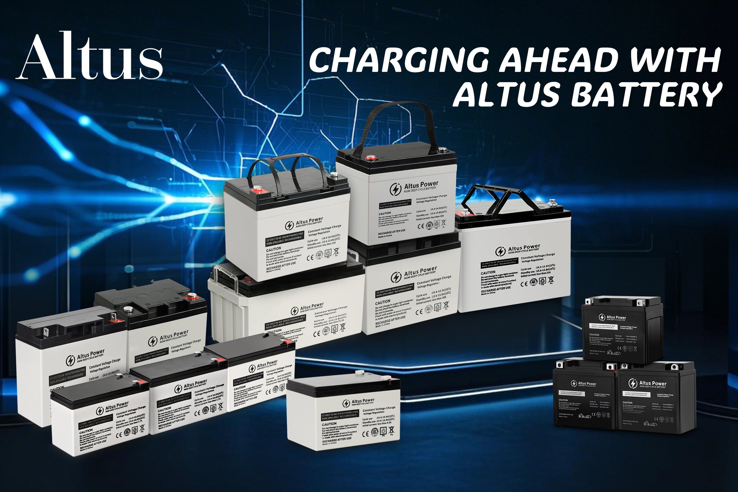 This is a collection of Altus Power AGM batteries. The grey AGM batteries range from 7Ah to 85Ah, while the black AGM motorcycle batteries include 6Ah, 9Ah, and 12Ah models. Designed for durability and high performance, they ensure reliable power for various applications.