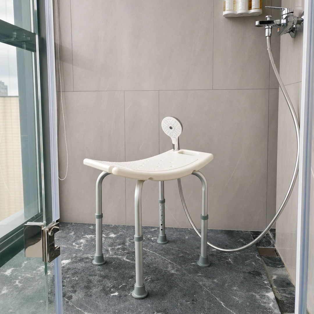 Shower bench in a tiled bathroom setting