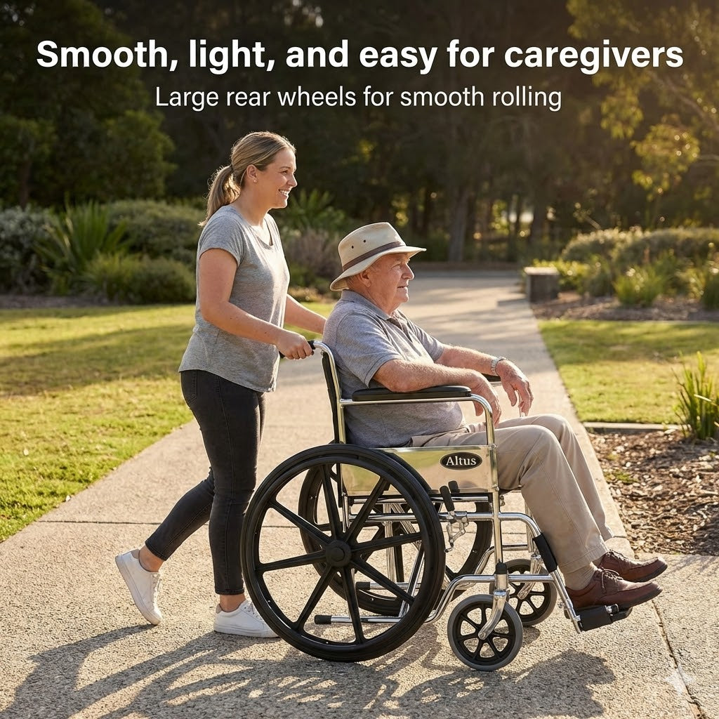 Woman pushing an elderly person in a wheelchair on a path with text about smooth rolling wheels.