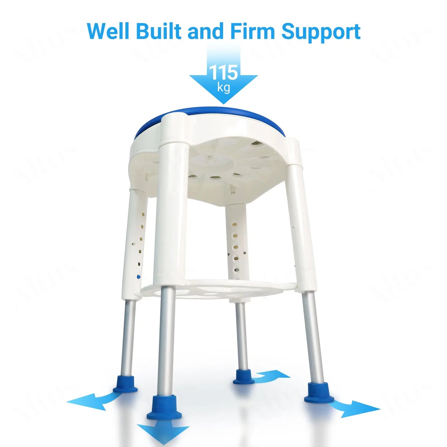 An elderly lady is sitting on the shower stool in a bathroom, highlighting its practical use for individuals needing support while showering. The stool provides stability and ease, enhancing safety and independence for users.