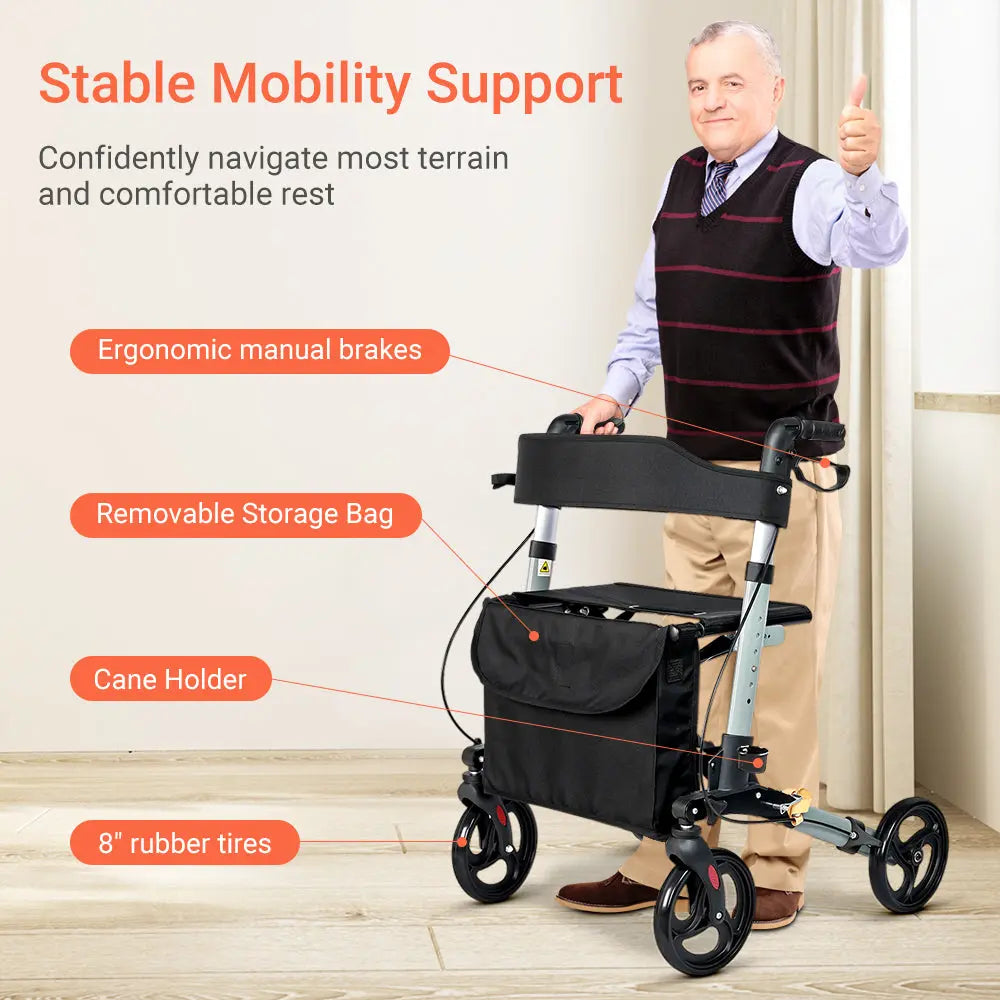 Elderly man confidently using the rollator with ergonomic manual brakes, removable storage bag, and cane holder.