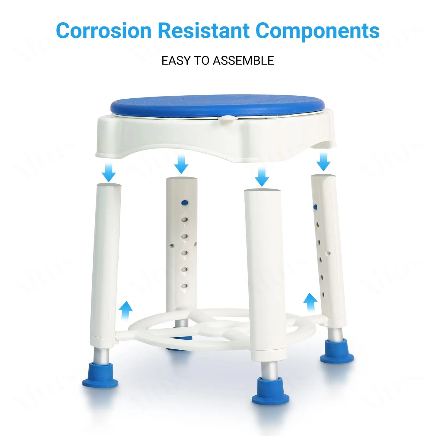 A detailed view showing the shower stool's corrosion-resistant components. This image emphasizes the durability and quality of the materials used, ensuring the stool remains rust-free even in wet environments.