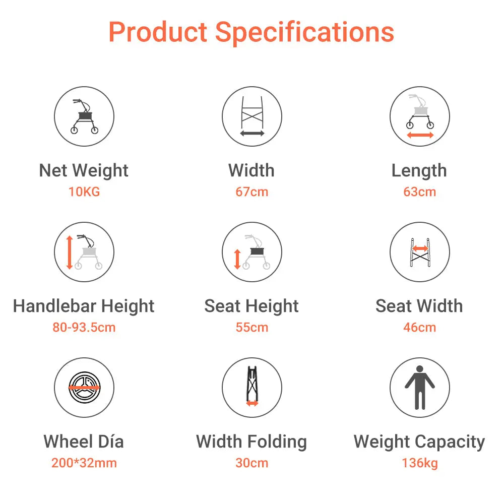 Product specifications of the rollator including dimensions, weight capacity, and handlebar height.