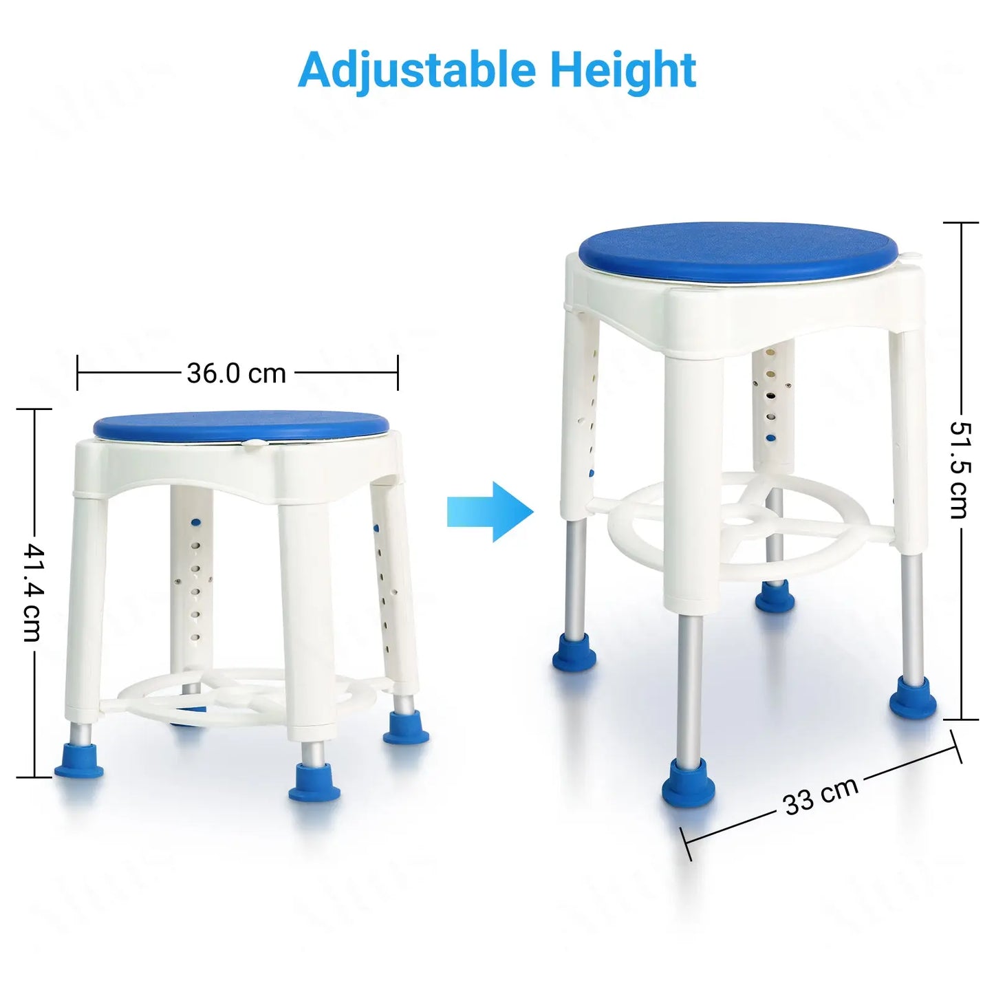 The image showcases the adjustable legs of the shower stool, allowing users to customize the height for optimal comfort. The sturdy legs ensure the stool remains stable and safe during use.