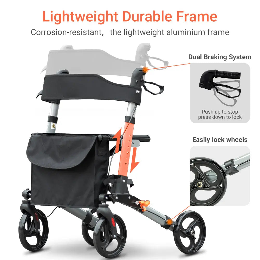 Rollator with a lightweight durable frame, dual braking system, and easily lockable wheels.