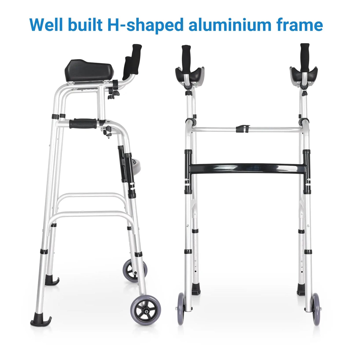 Durable Design of Walker: Image of a walker showcasing its well-built H-shaped aluminium frame, emphasizing the sturdiness and reliability of the design.