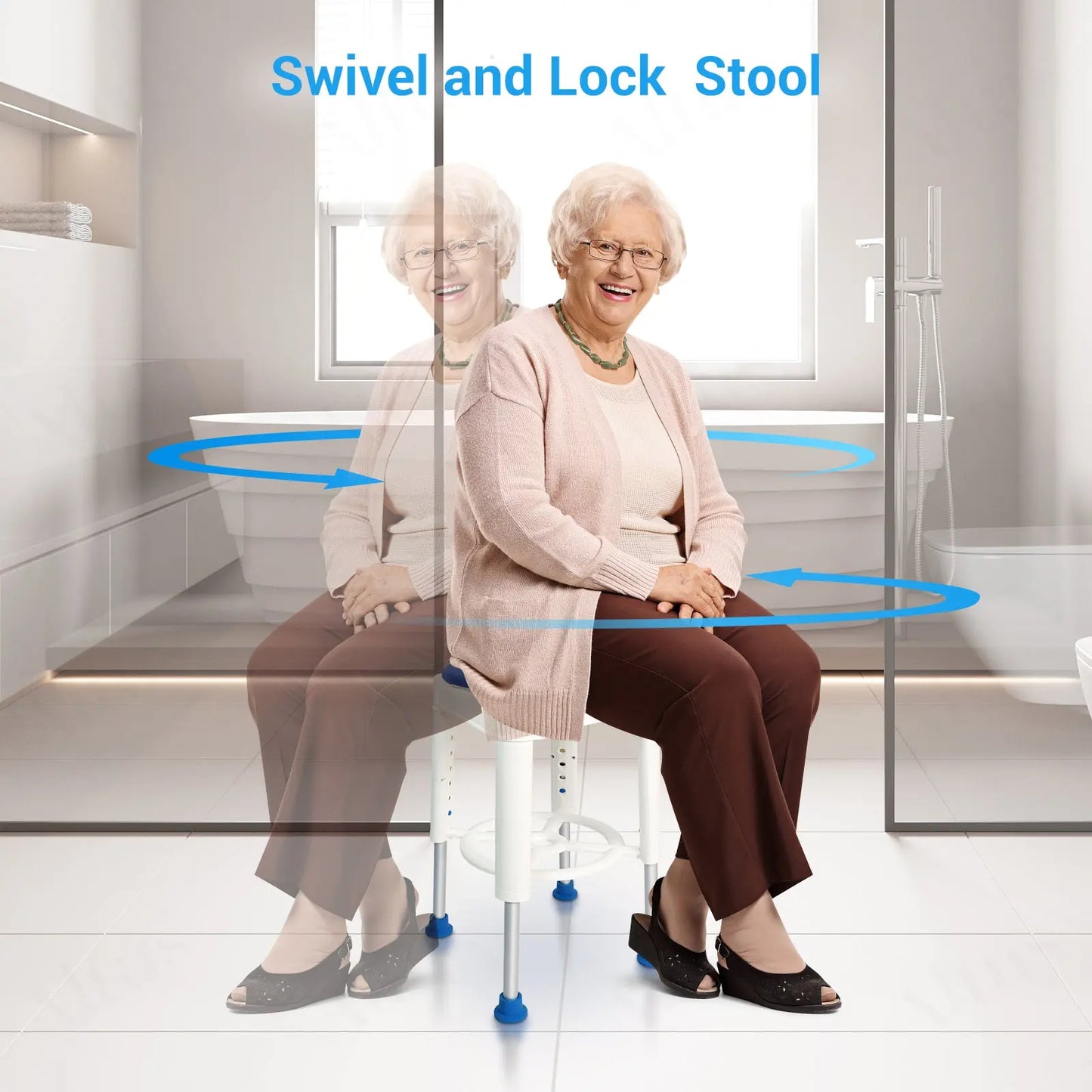 A picture demonstrating the compact and lightweight design of the shower stool. This feature makes it easy to move and store, suitable for small bathroom spaces without compromising on stability.