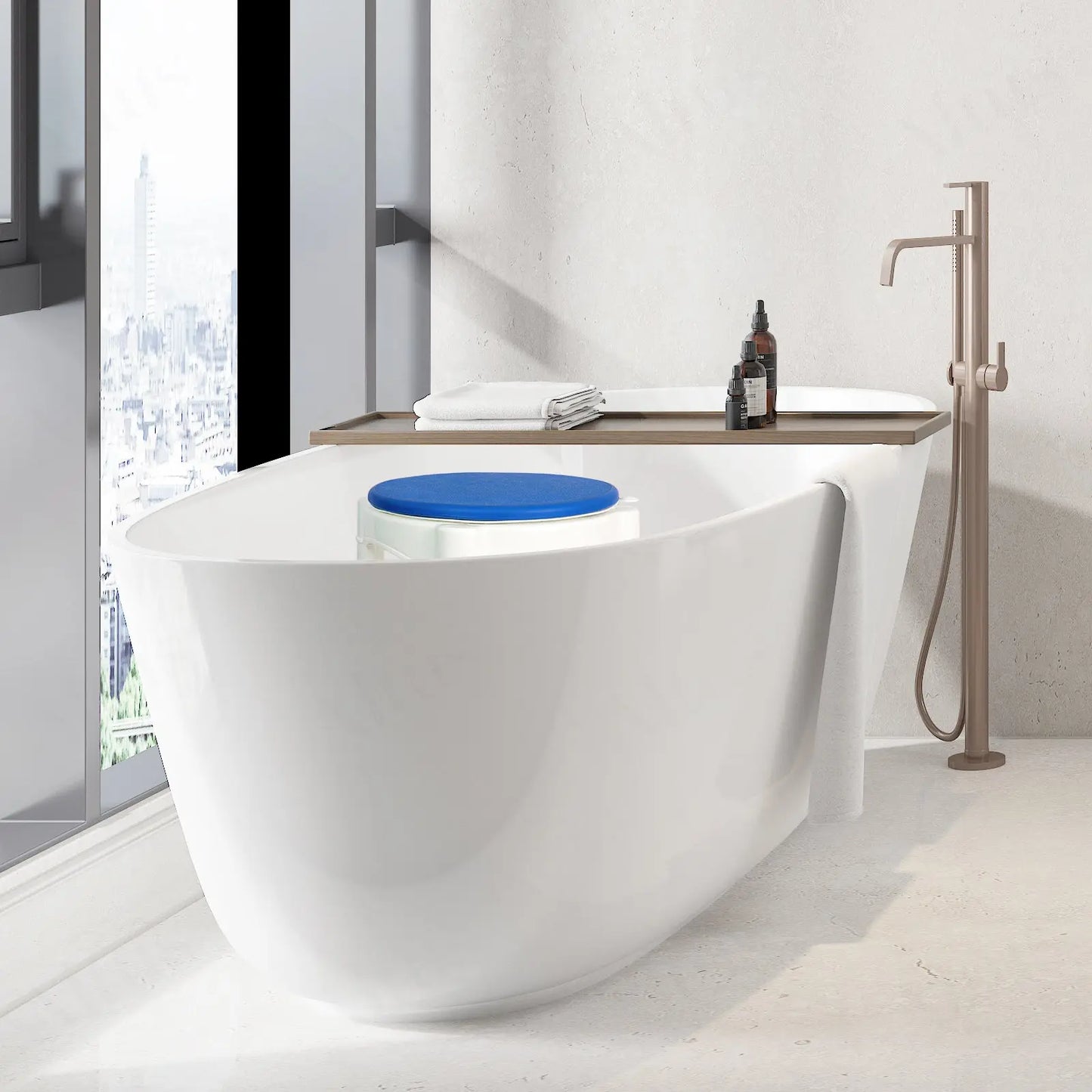 Close-up of the non-slip rubber feet on the shower stool's legs. This detail highlights the safety feature that prevents the stool from slipping on wet bathroom floors, providing added security for users.