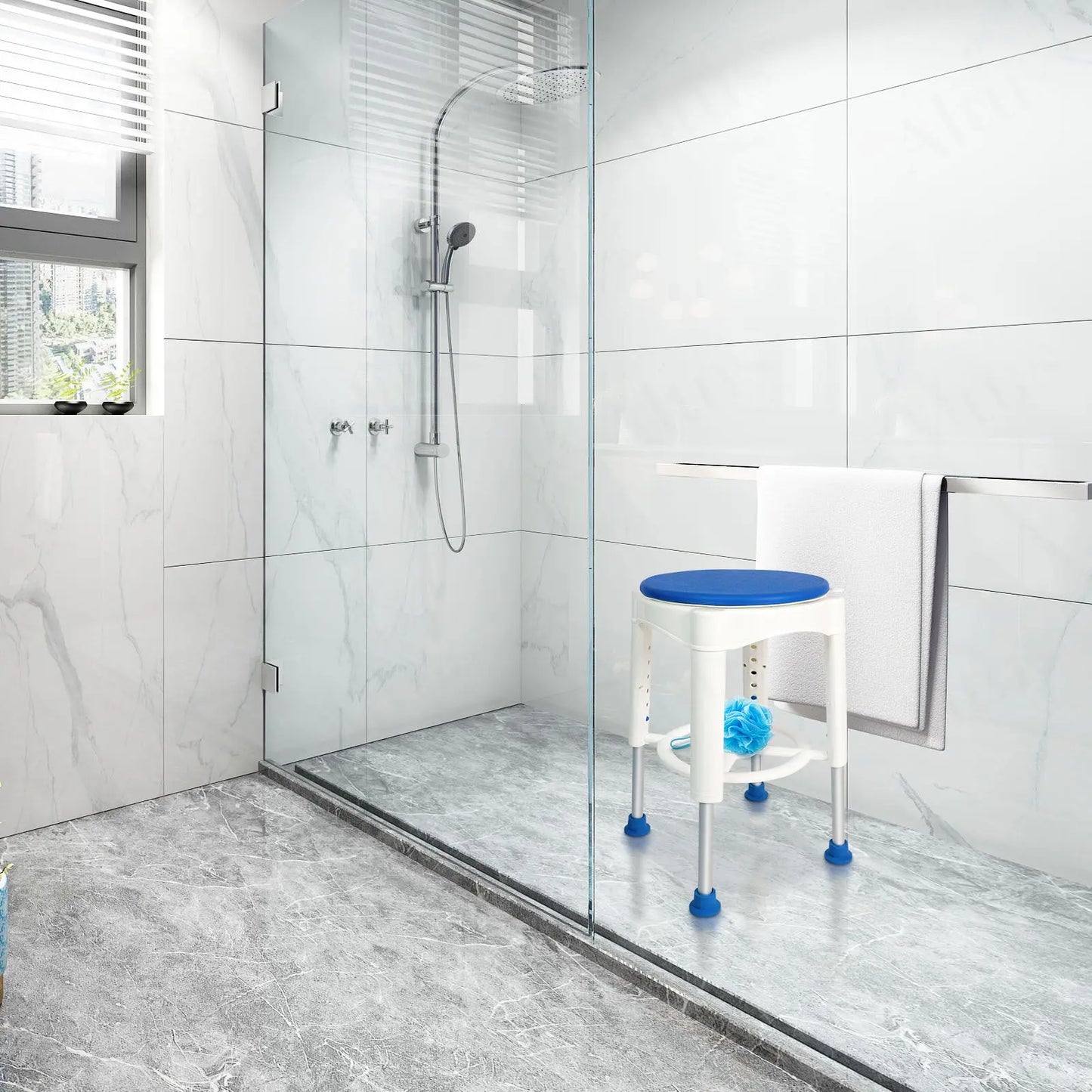 The shower stool is placed inside a bathtub, showcasing its versatility and convenience in different bathroom settings. The stool's design allows it to fit comfortably in standard bathtubs, making it an ideal solution for those needing extra support.