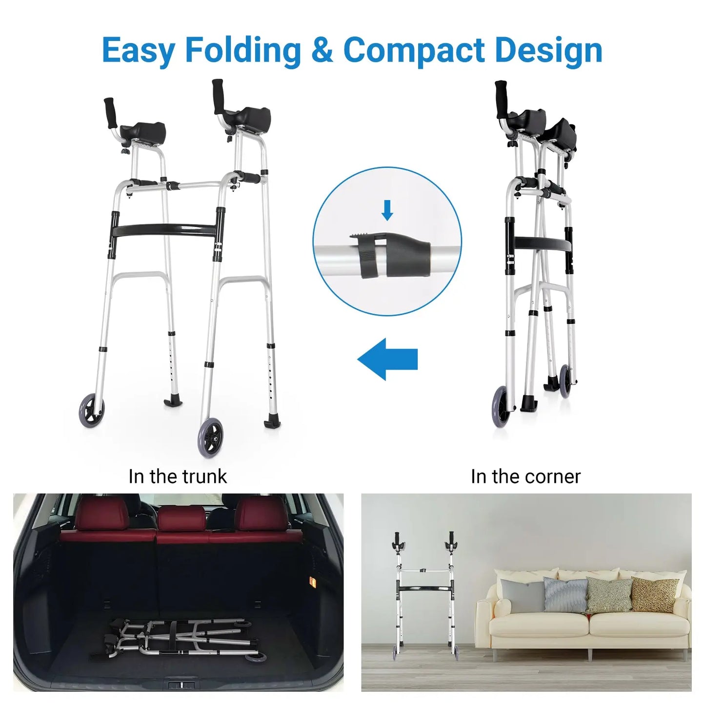 Folding Feature of Walker: Demonstrates the walker's easy folding and compact design, making it convenient for storage in small spaces like car trunks or home corners.