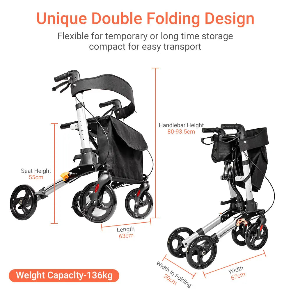 Rollator with unique double folding design for easy transport and compact storage.