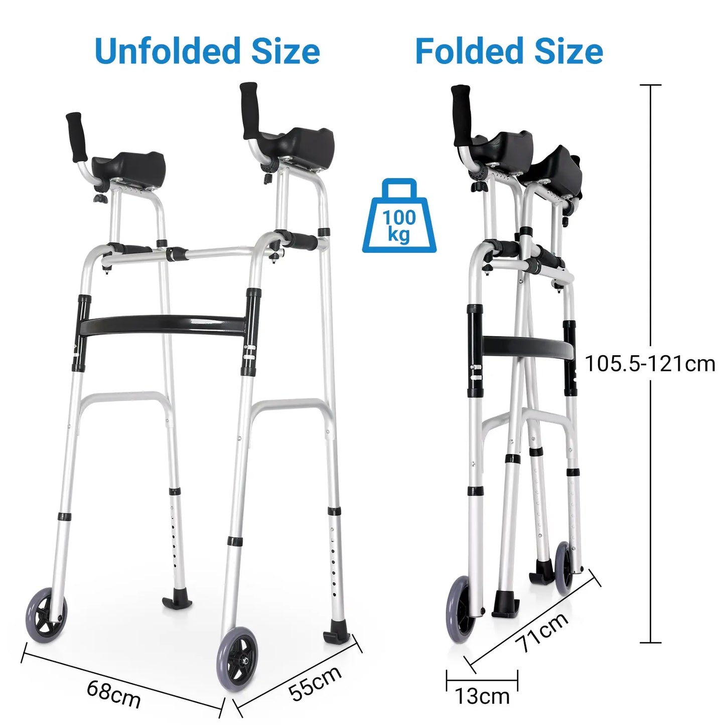 Folding Feature of Walker: Demonstrates the walker's easy folding and compact design, making it convenient for storage in small spaces like car trunks or home corners.