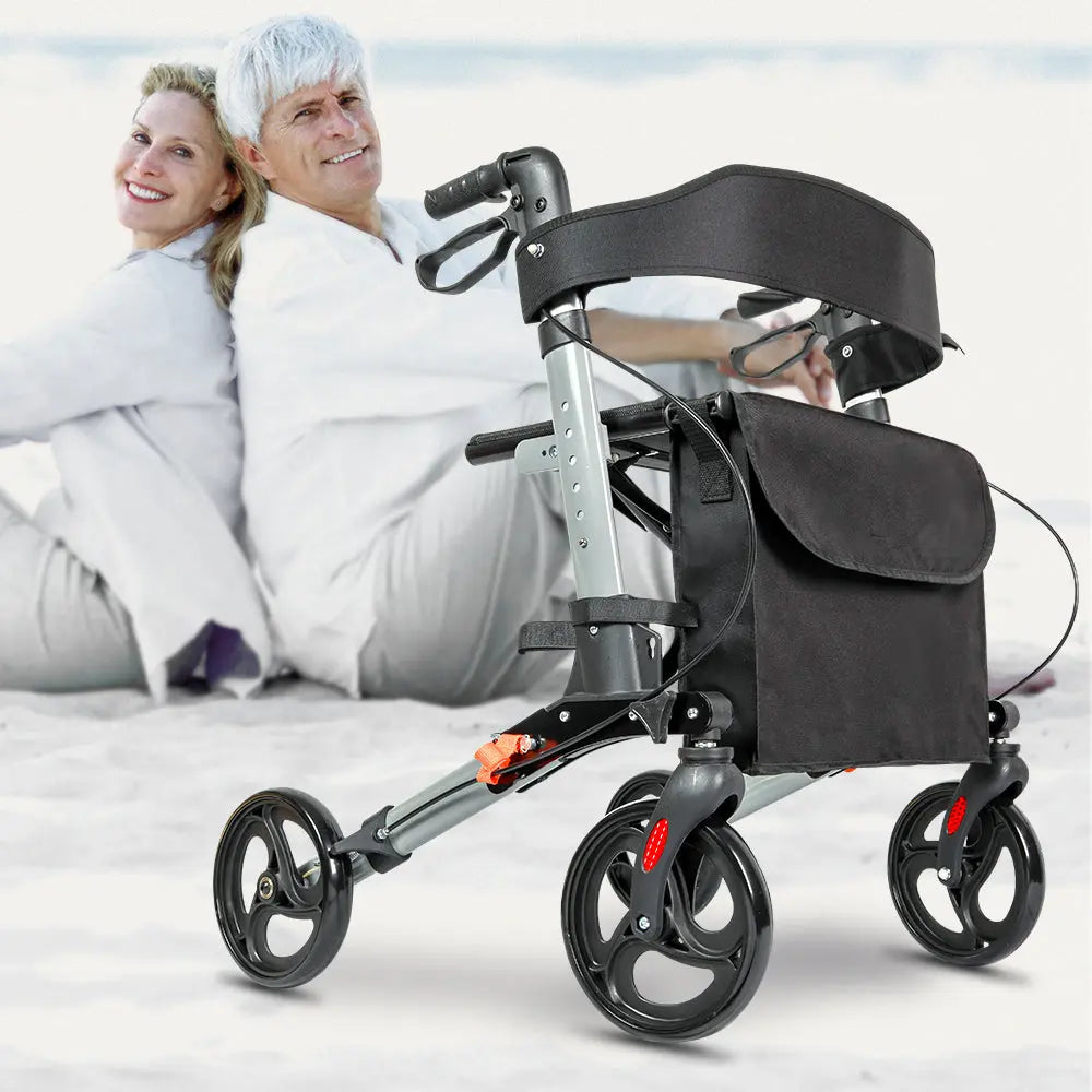 Rollator with padded backrest, large storage bag, and dual braking system, placed in an outdoor setting.