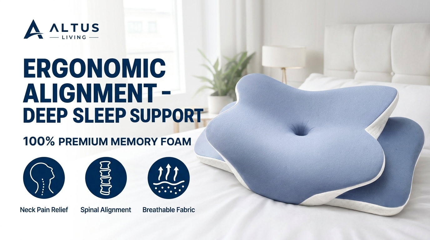 Altus Living ergonomic memory foam pillow in a light blue color, displayed on a white bed with promotional text and feature icons on the left.