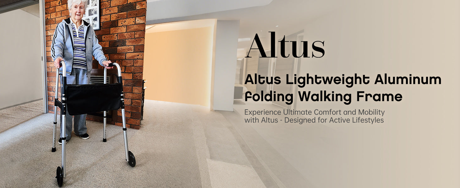 Person using a lightweight aluminum folding walking frame with 'Altus' branding in a modern indoor setting.