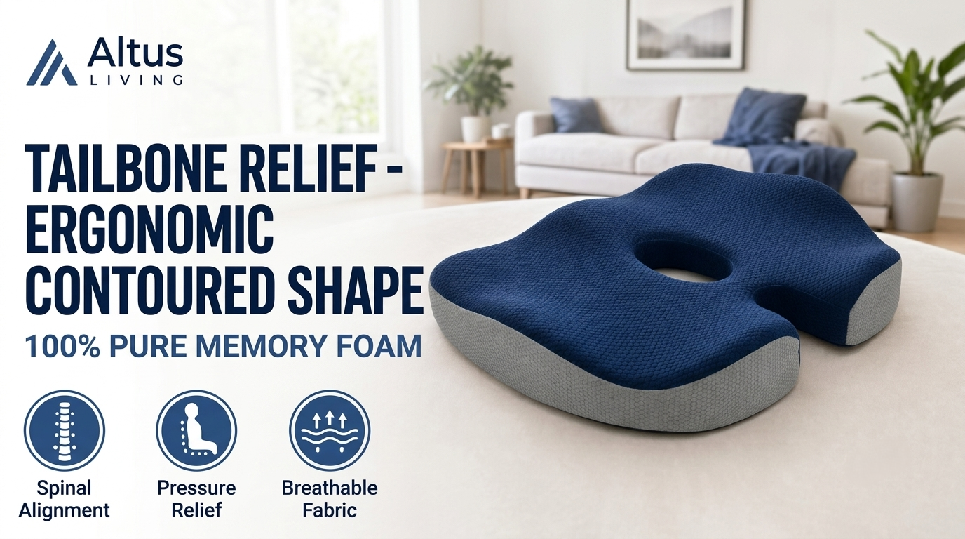 Altus Living Tailbone Relief ergonomic contoured memory foam seat cushion in navy blue and gray, shown in a modern living room setting with promotional text and feature icons.