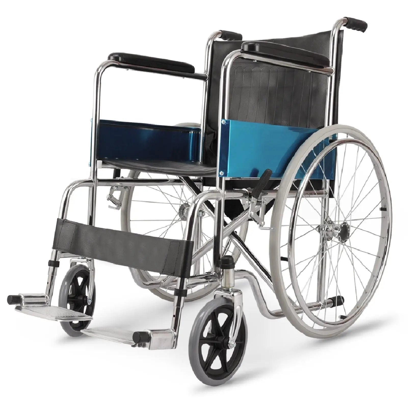 A close-up view of a chrome wheelchair with a blue side panel and large rear wheels.