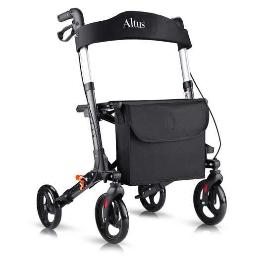 Altus Euro Style Mobility Rollator Walking Frame with Seat Back Bag X-Fold Alloy Frame Carbon Fiber Style Black myaltus