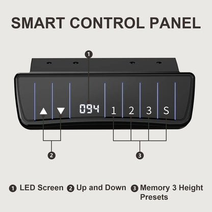 Close-up of smart desk control panel with LED display, up/down buttons, and memory presets.