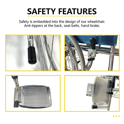 Detailed images show the wheelchair's safety features, including anti-tippers and hand brakes.